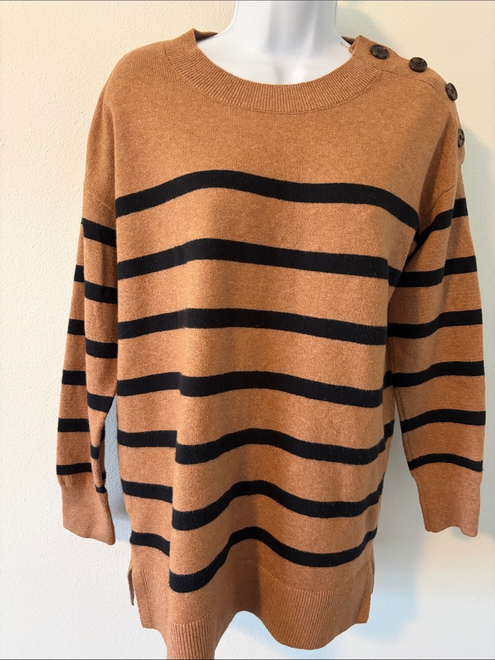 Striped Camel Crewneck Sweater with Black Bands